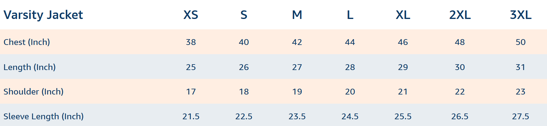 Baseball varsity jacket size chart